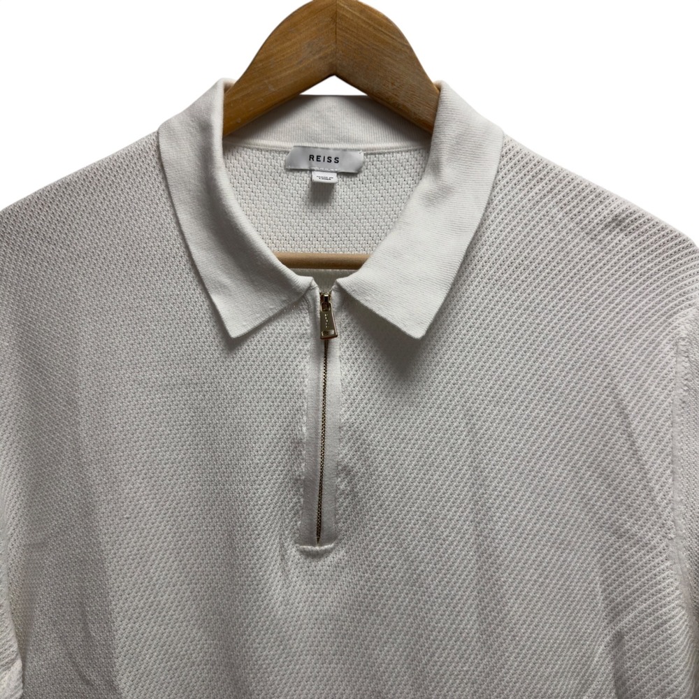 Reiss Mens Large White 1/4 Zip Textured Knit Short Sleeve Stretch Polo Shirt euc